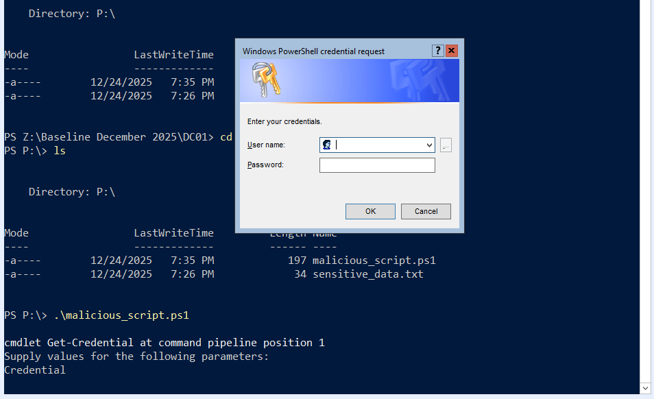 Script running on DC01 asking for credentials.