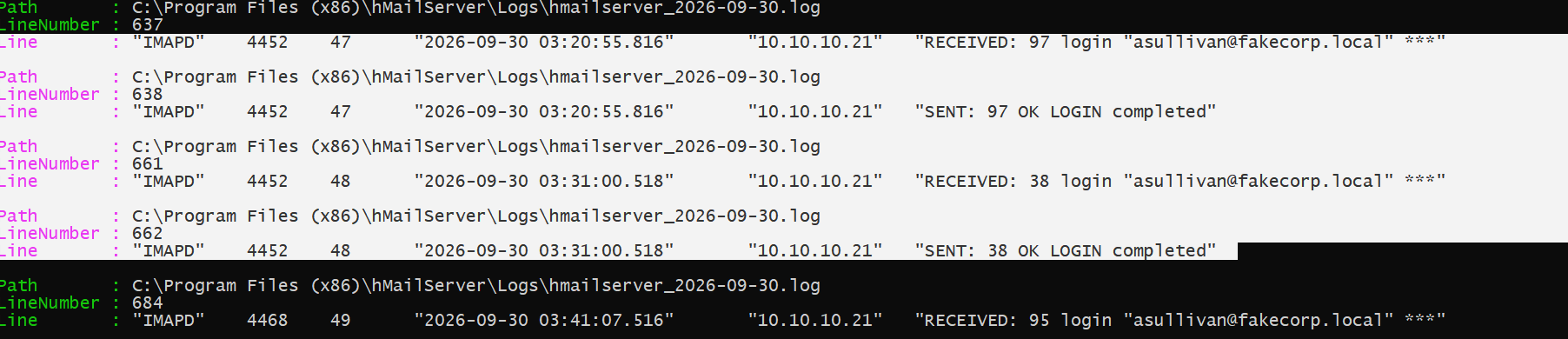 A successful login pair for asullivan in the hMailServer log.