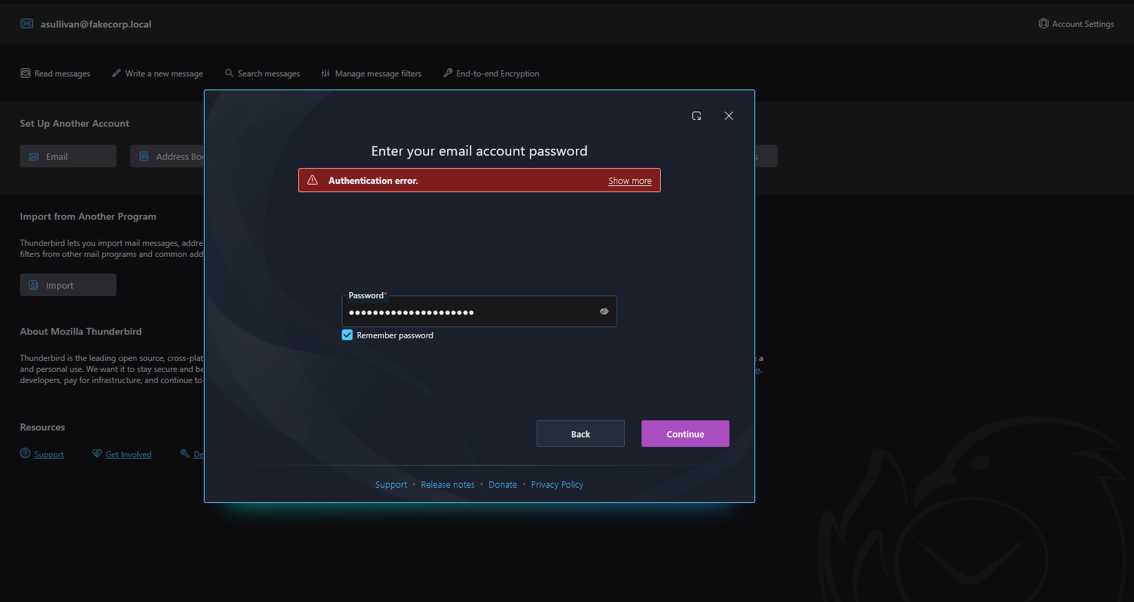 Thunderbird rejecting the password for a mailbox on the lab mail server.