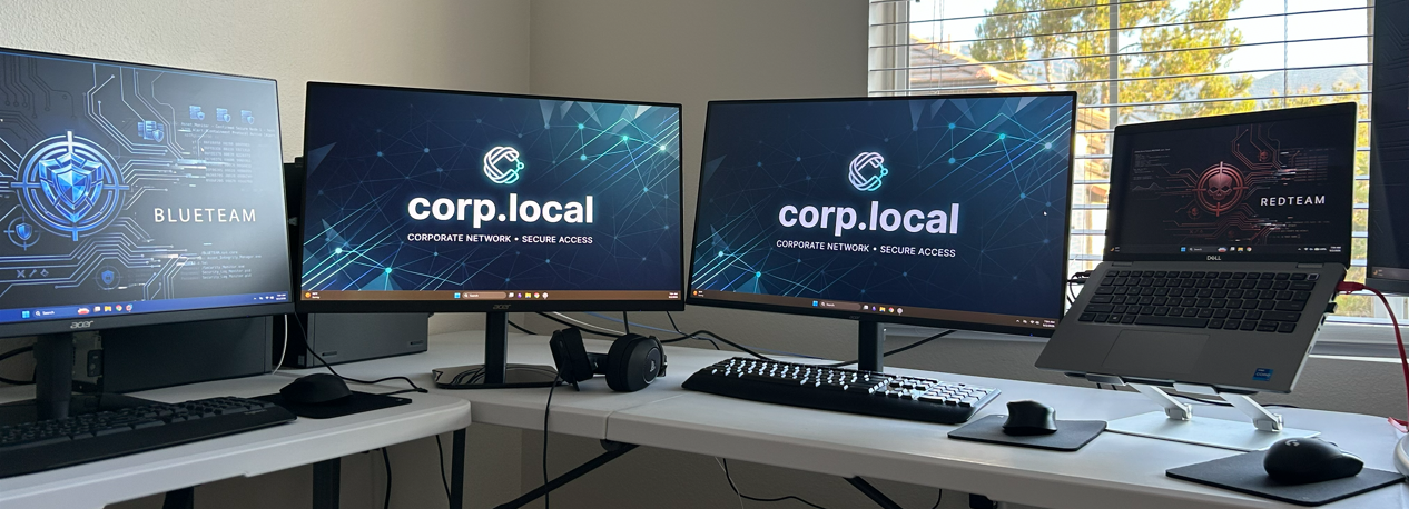 My SOC homelab, with the defensive workstation, enterprise consoles, and adversary laptop.