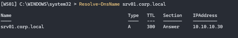 srv01.corp.local shown as Kali’s IP