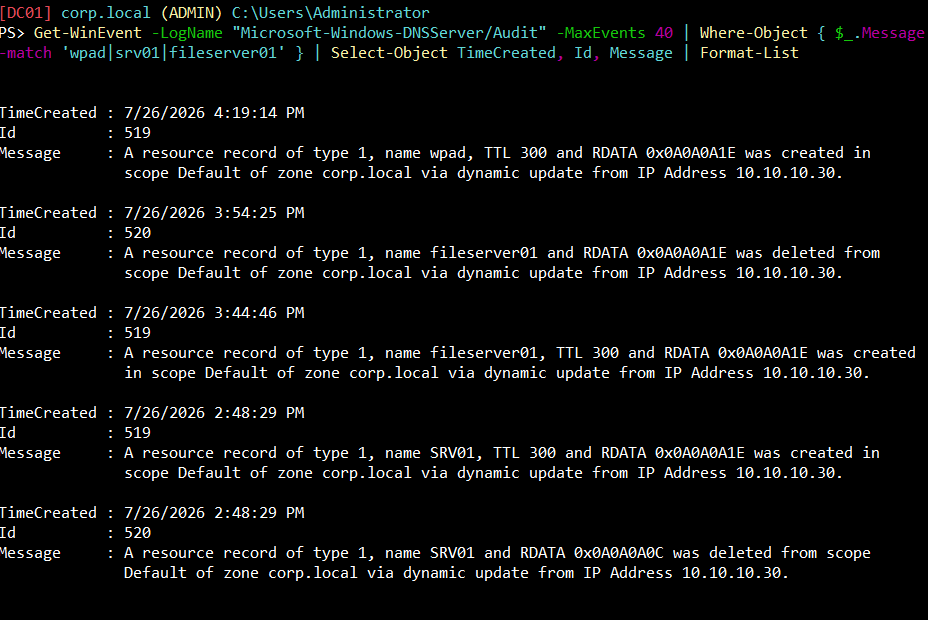 DC01 event log showing Kali IP creating/deleting records