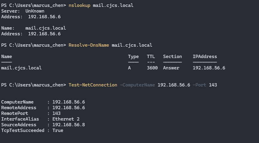 MGR1 can see the correct port is open and can resolve the DNS record.