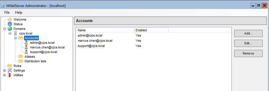 Accounts created in hMailServer Admin on DC01.