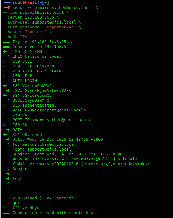 Sending an email from the command line with “stolen credentials”.