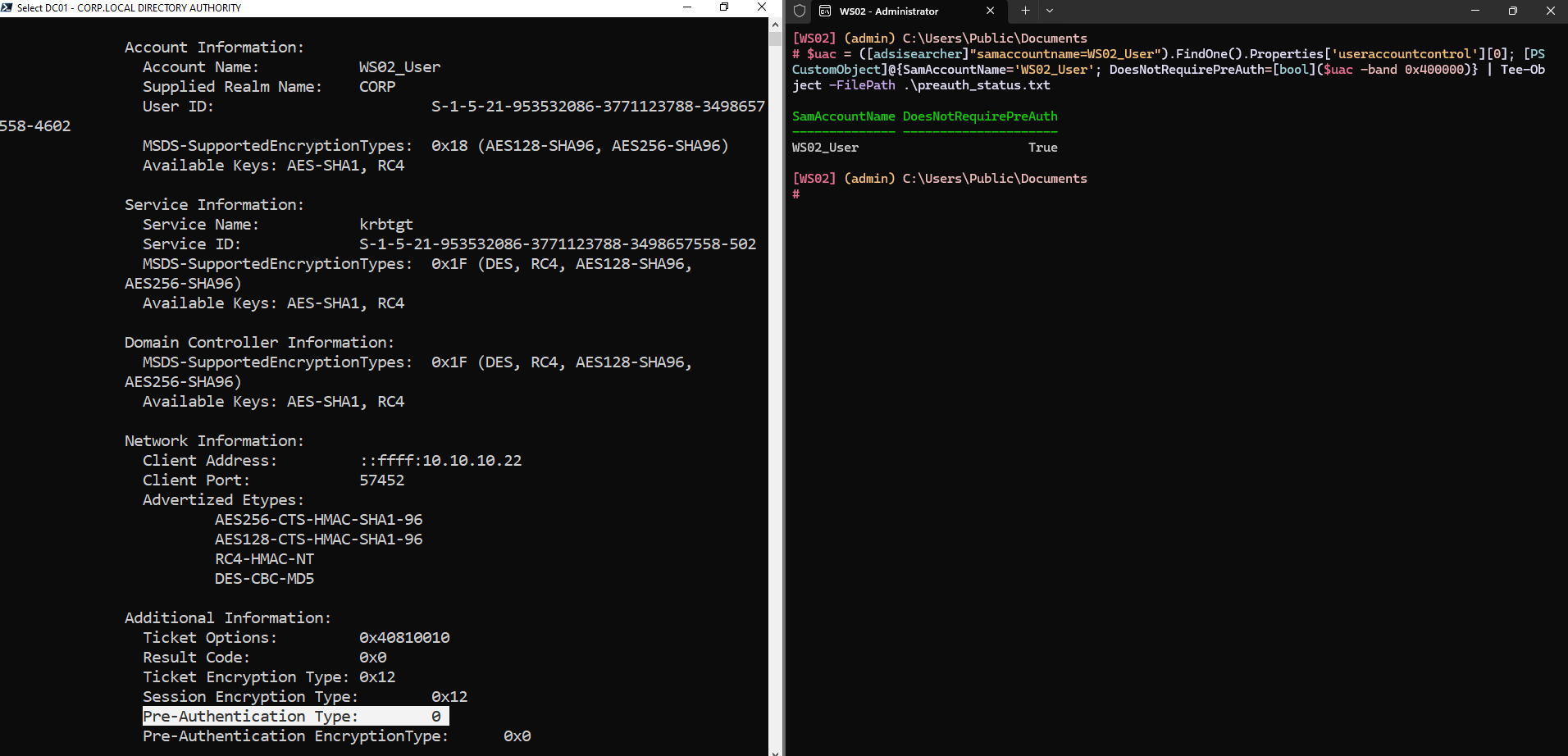 WS02_User configured without Kerberos preauthentication, confirmed from the workstation and DC01.