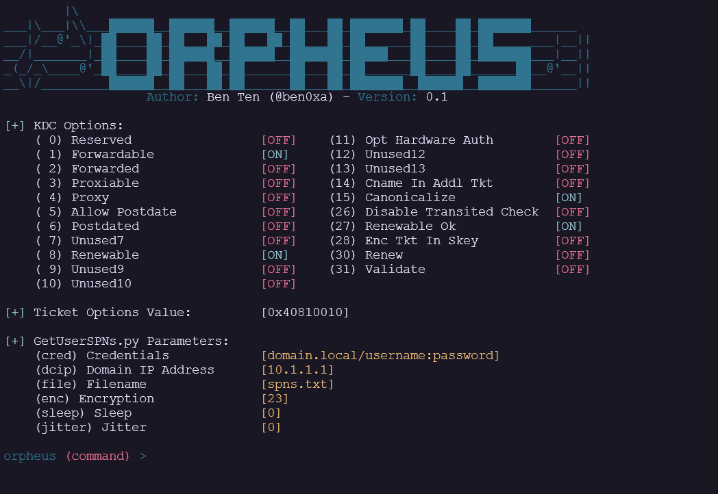 Orpheus configured for the controlled Kerberoasting test.