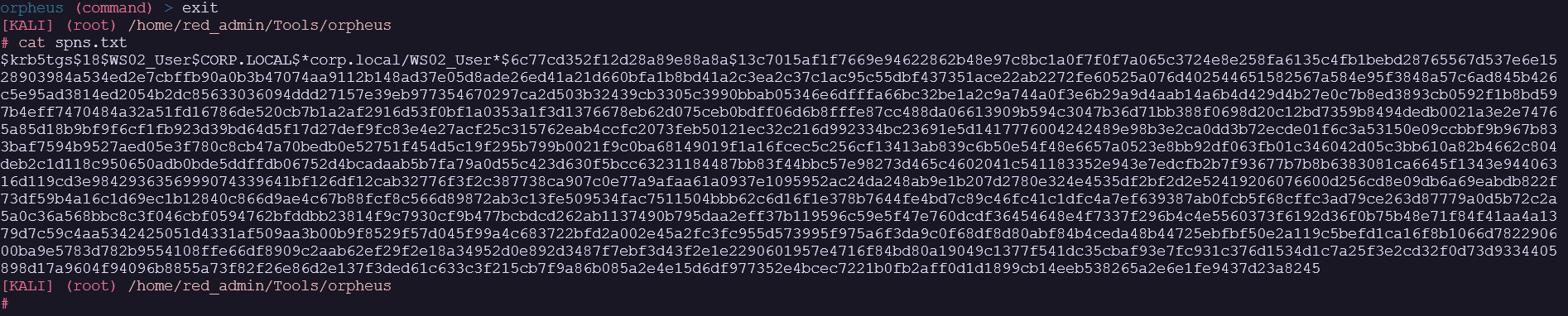 Orpheus returns AES Kerberoast material for the target.