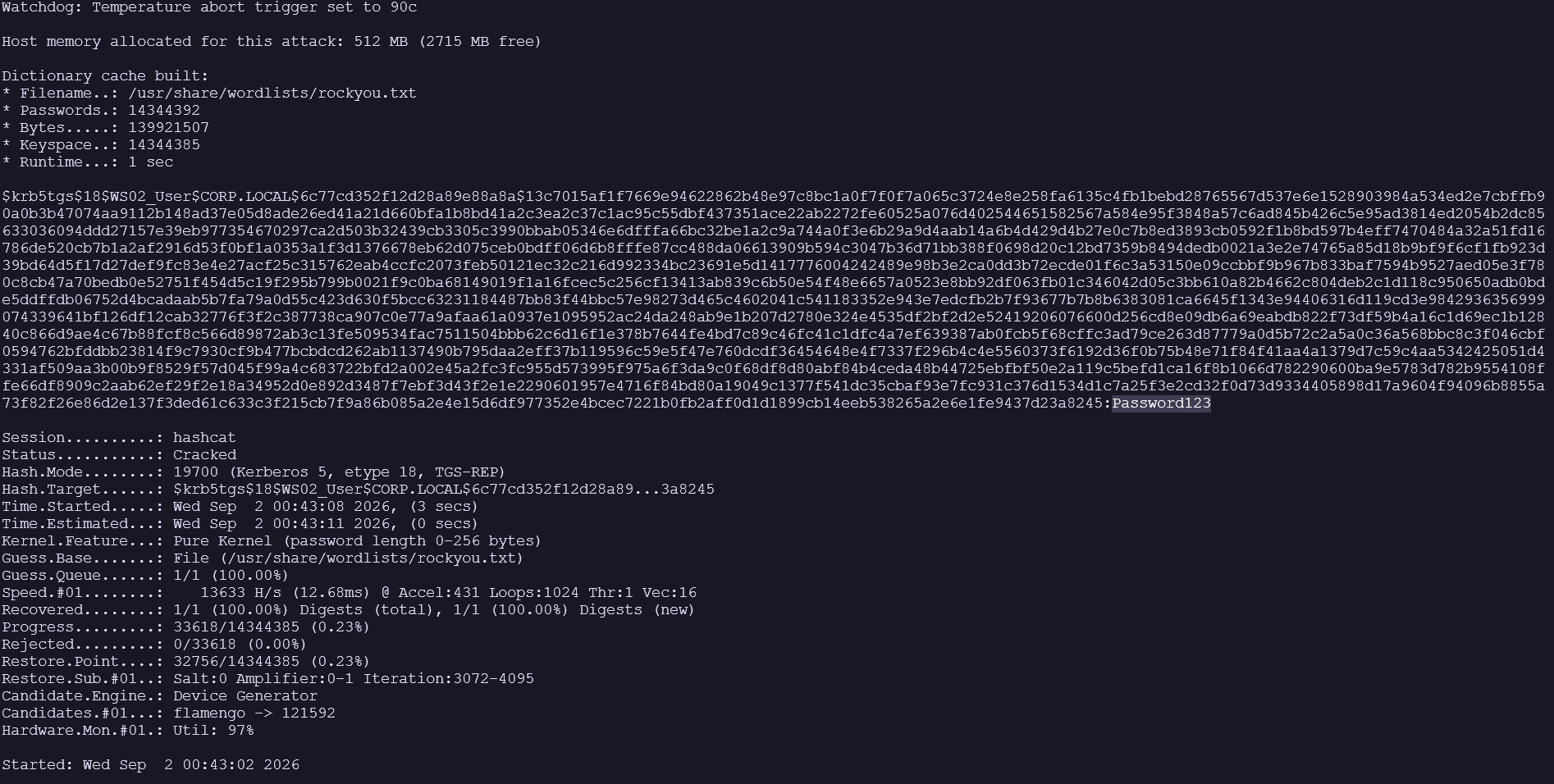 Hashcat validates the lab password against the AES256 TGS artifact.