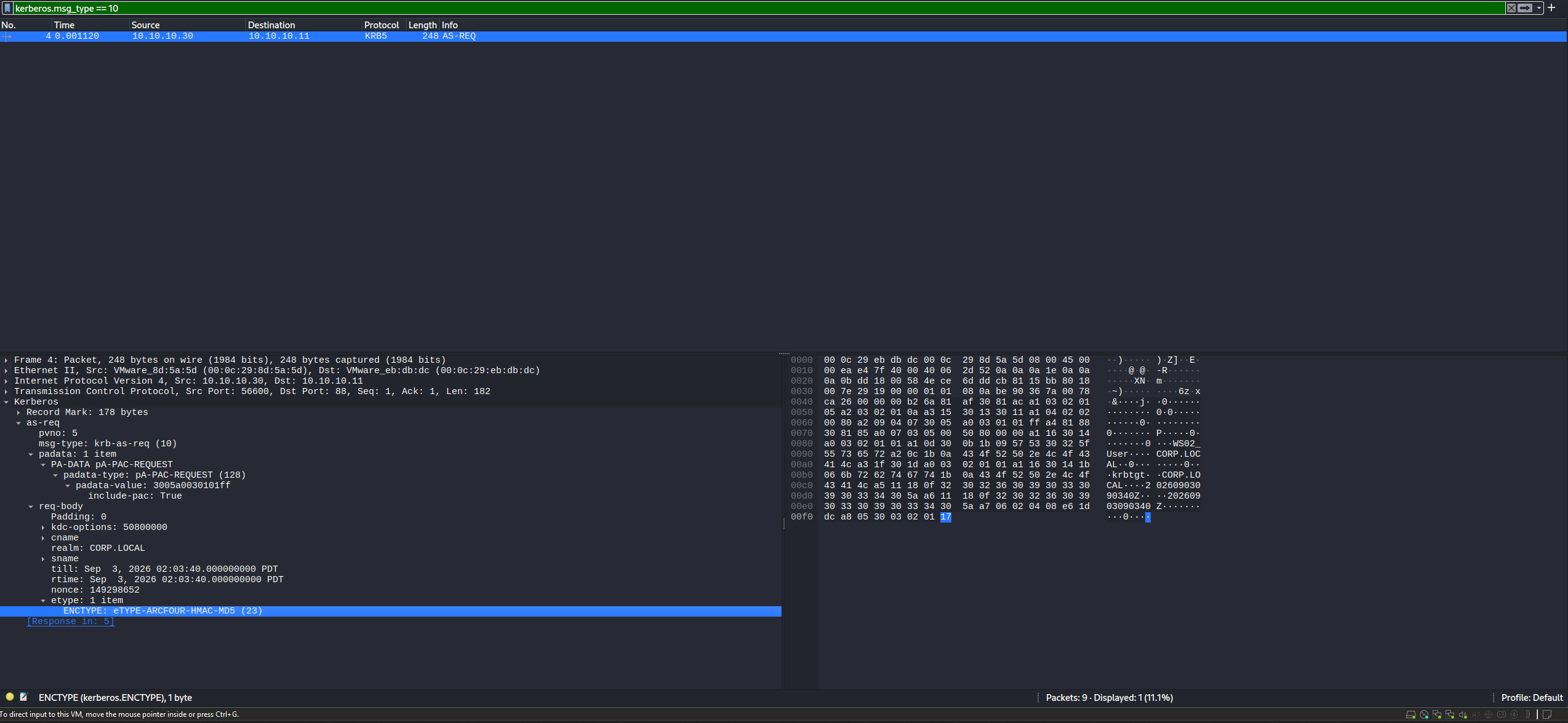 The AS-REQ asks for WS02_User without a PA-ENC-TIMESTAMP and requests RC4.