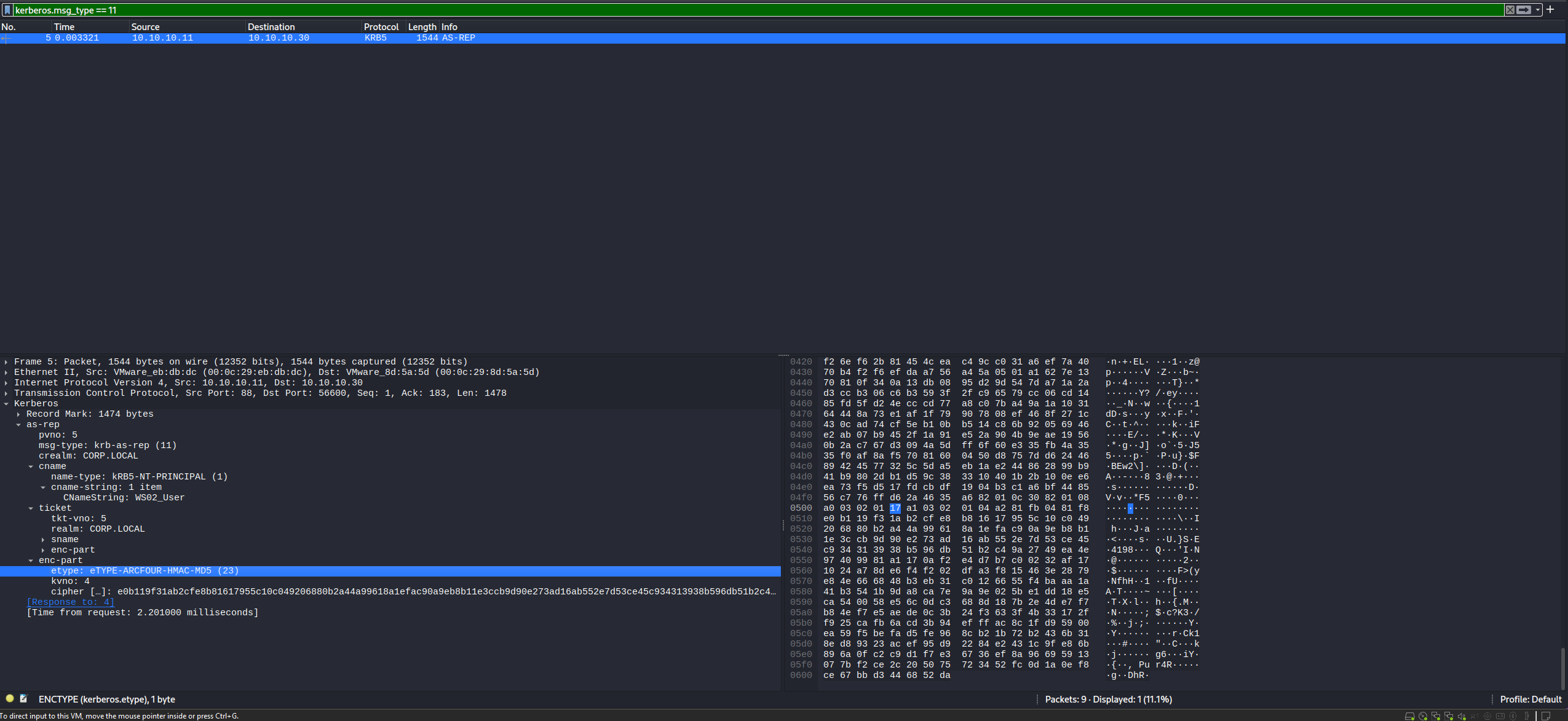 The KDC returns an AS-REP whose encrypted part uses RC4.