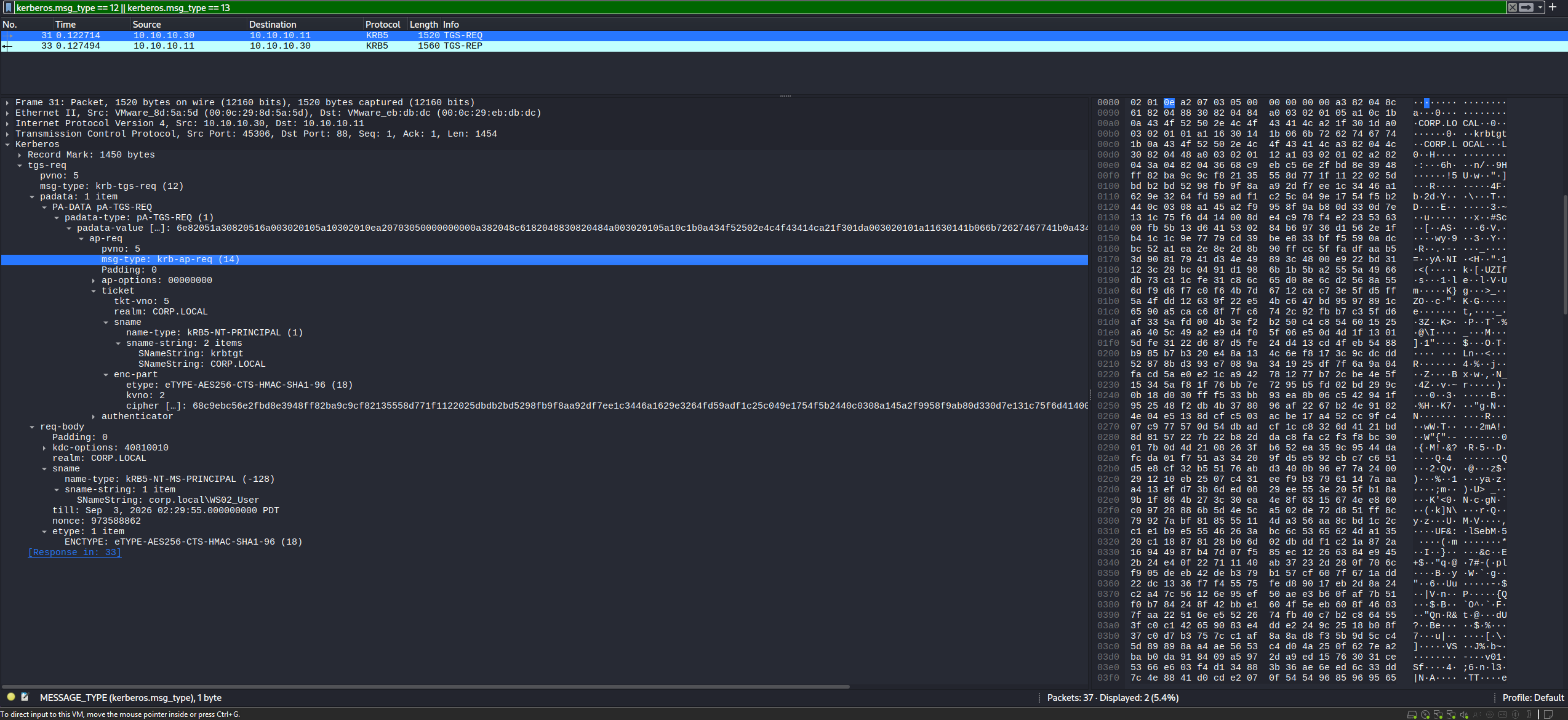 The successful TGS-REQ from KALI requests the WS02_User service ticket with AES256.