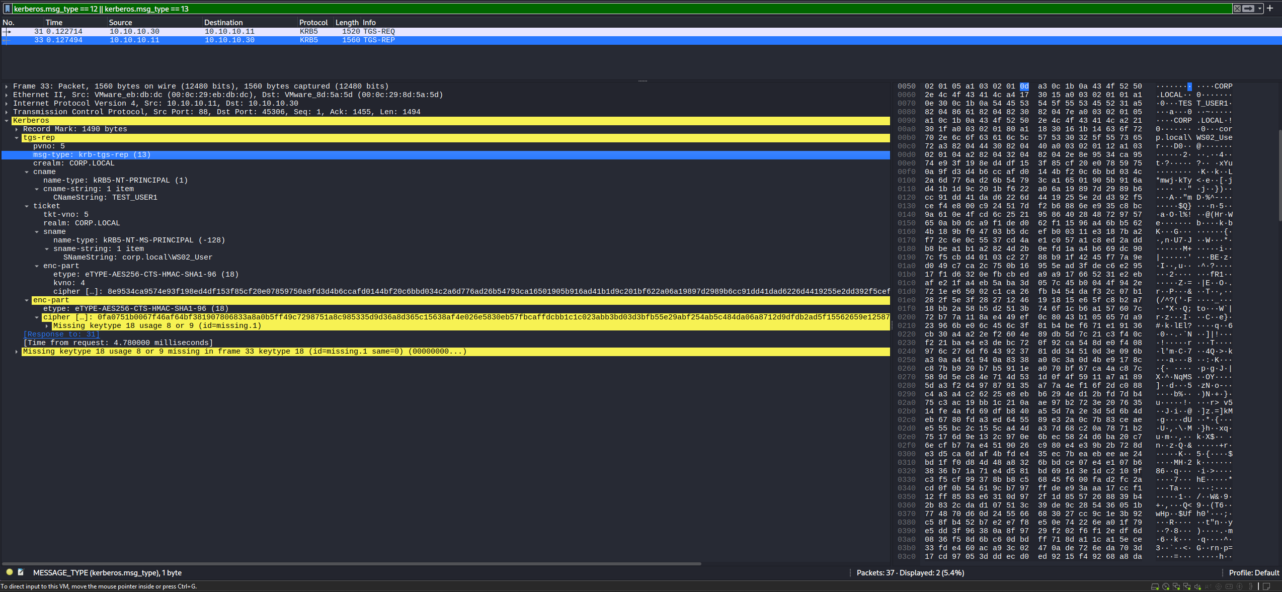 The matching TGS-REP contains the AES256-encrypted service ticket. Wireshark highlights the missing decryption key as expected.