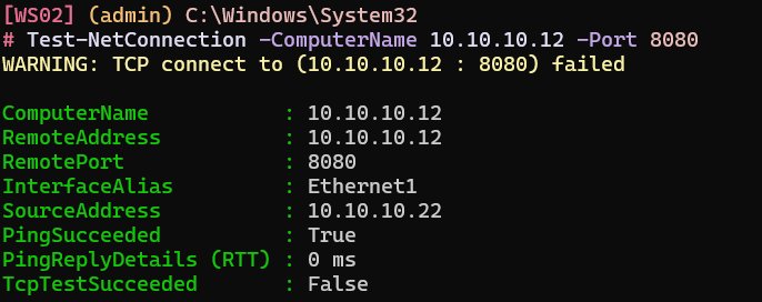 From WS02, the TCP test to SRV01 on 8080 fails while the ping succeeds.