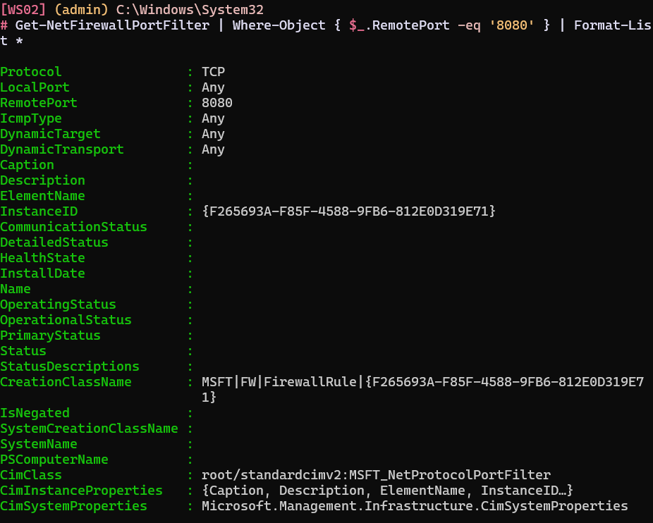 The rule's port filter shows RemotePort 8080.