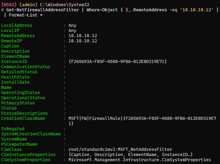 The rule's address filter shows RemoteAddress 10.10.10.12 with the same InstanceId.